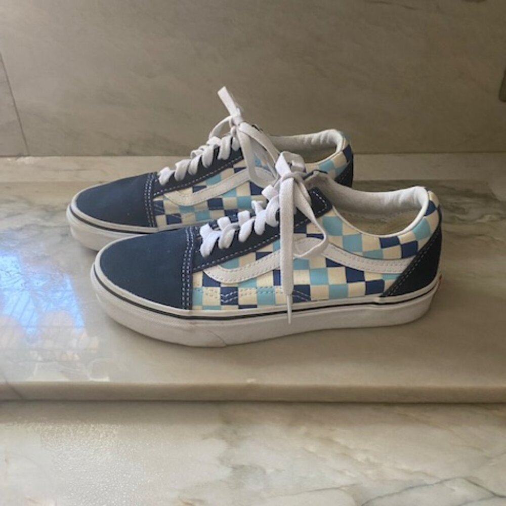 VANS Youth Off The Wall Sneakers Blu White Checkered Old School Tennis Shoes 4.5